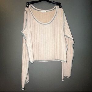 Earthbound ribbed Long Sleeved Cropped Shirt XXL Cream with Green Stitching